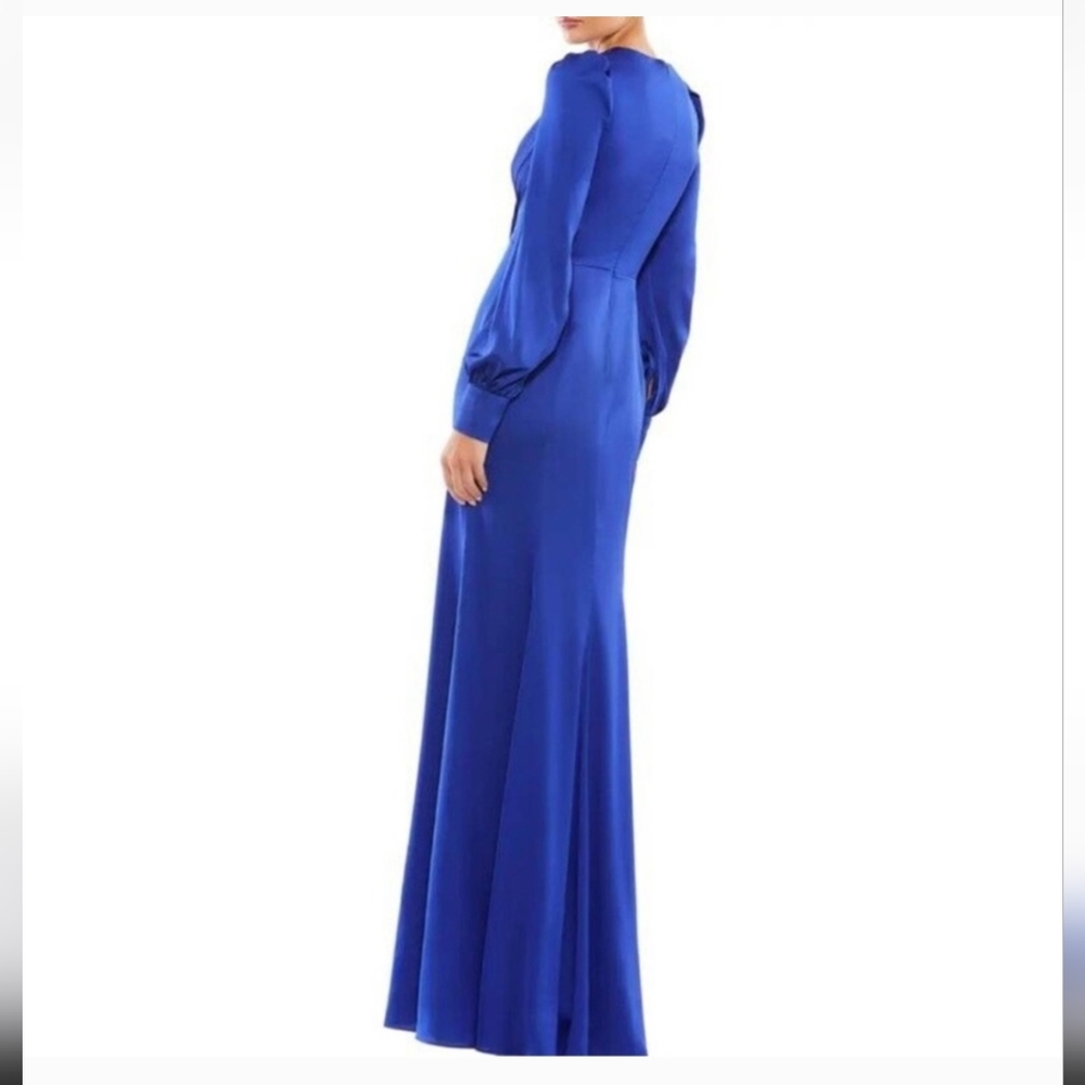Ieena for Mac Duggal SATIN RUCHED BISHOP SLEEVE GOWN